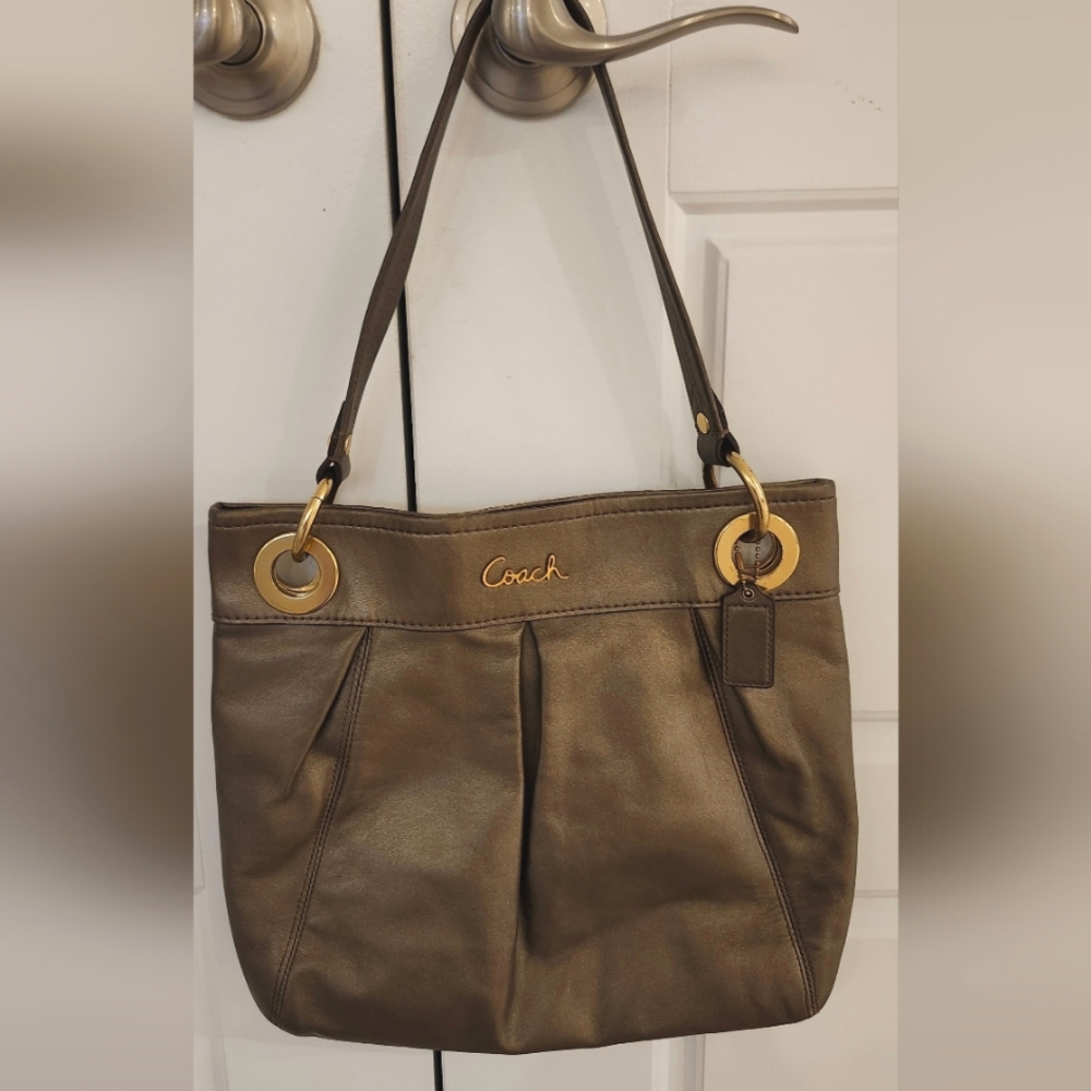 Coach Ashley Leather Hobo Bag Bronze Metallic Gold Accents Bag Charm Logo